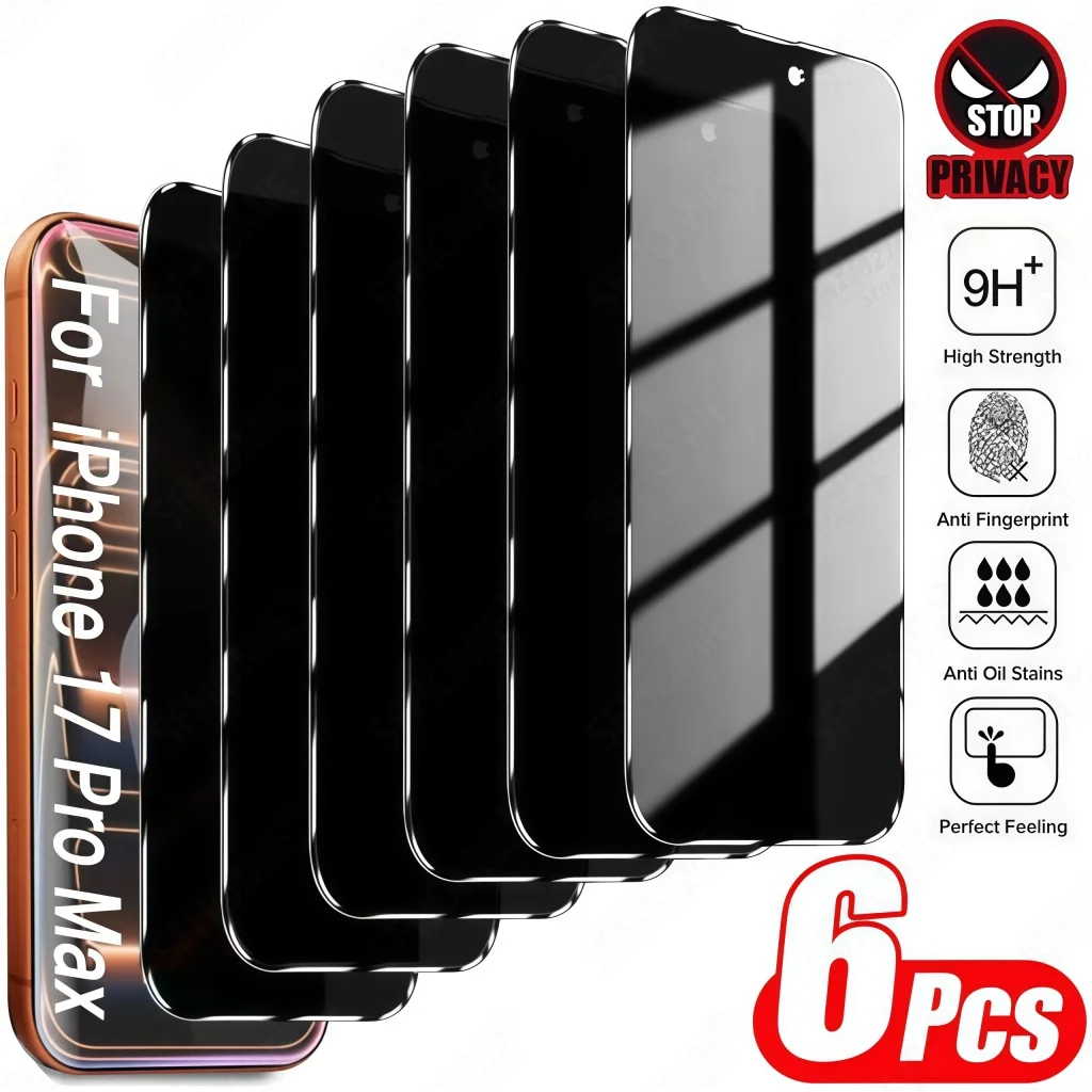 Protecteur d'écran Anti-espion, 6 pièces, pour iPhone 11 12 13 14 15 16 17 Pro Max 14 15 16 Plus 16e 17, Film de confidentialité en verre trempé à l'air