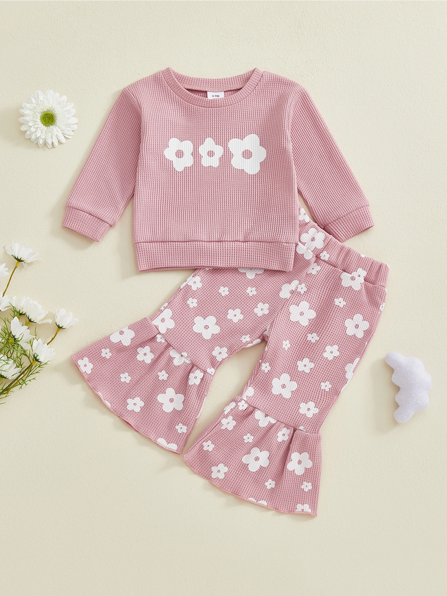 Toddler Girls 2-piece Set Floral Print Long Sleeve Pullover with Elastic Waist Flare Pants Autumn Clothing Ensemble
