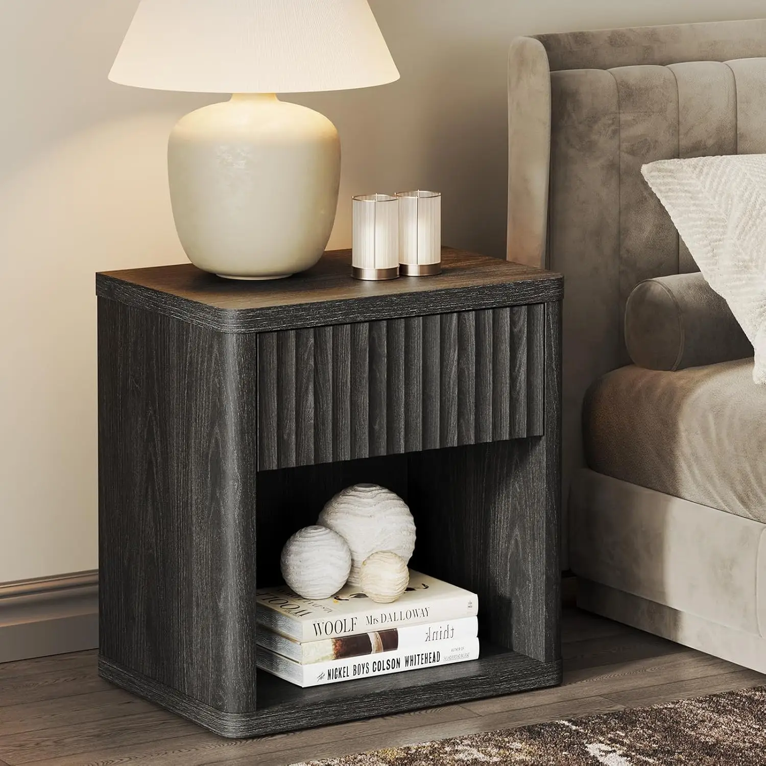 Night Stand Nightstand with Drawer Storage Bed Side Table End Table Large Modern Wood Wide Bedside Stand Mid Century