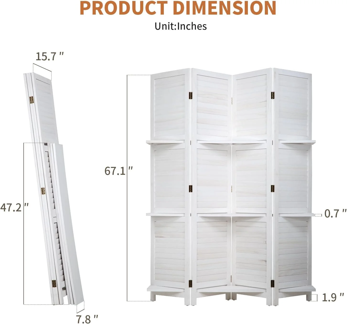 Room Divider 4 Panel Folding Wood 5.6 Ft Tall Privacy Screen Dividers Wall with Three Shelves Portable Partition (White)