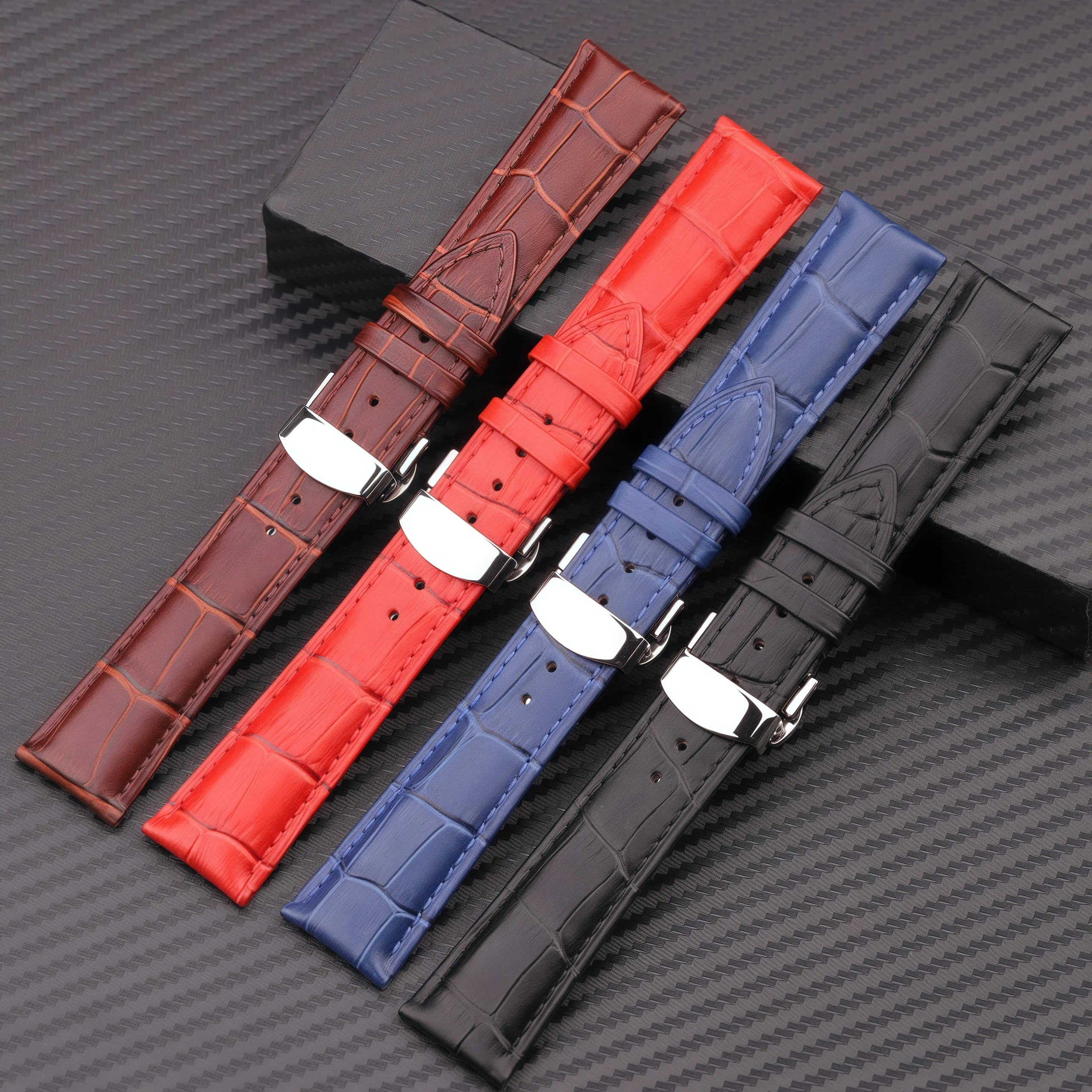 Premium Genuine Top Grain Leather Watch Band with Deployment Clasp, Universal Size 18-24mm