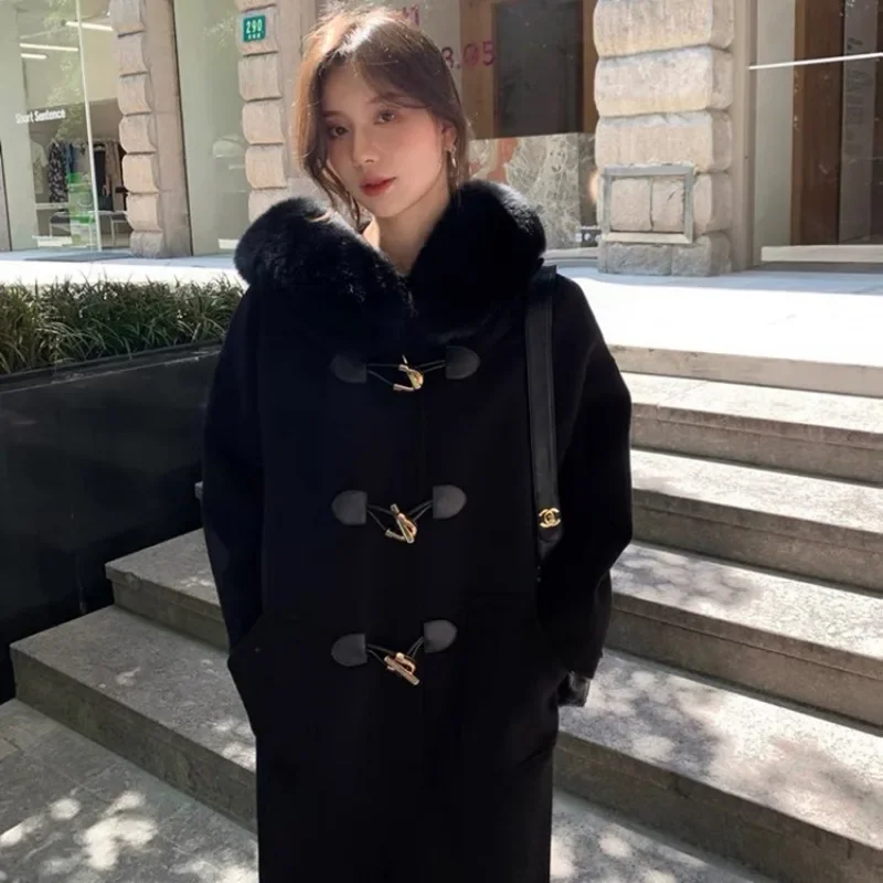 Winter Fashion Cause Hooded Fox Fur Horn Button Woolen Coat Women Temperament Loose Commute Solid Color All-Match Wool Outwear