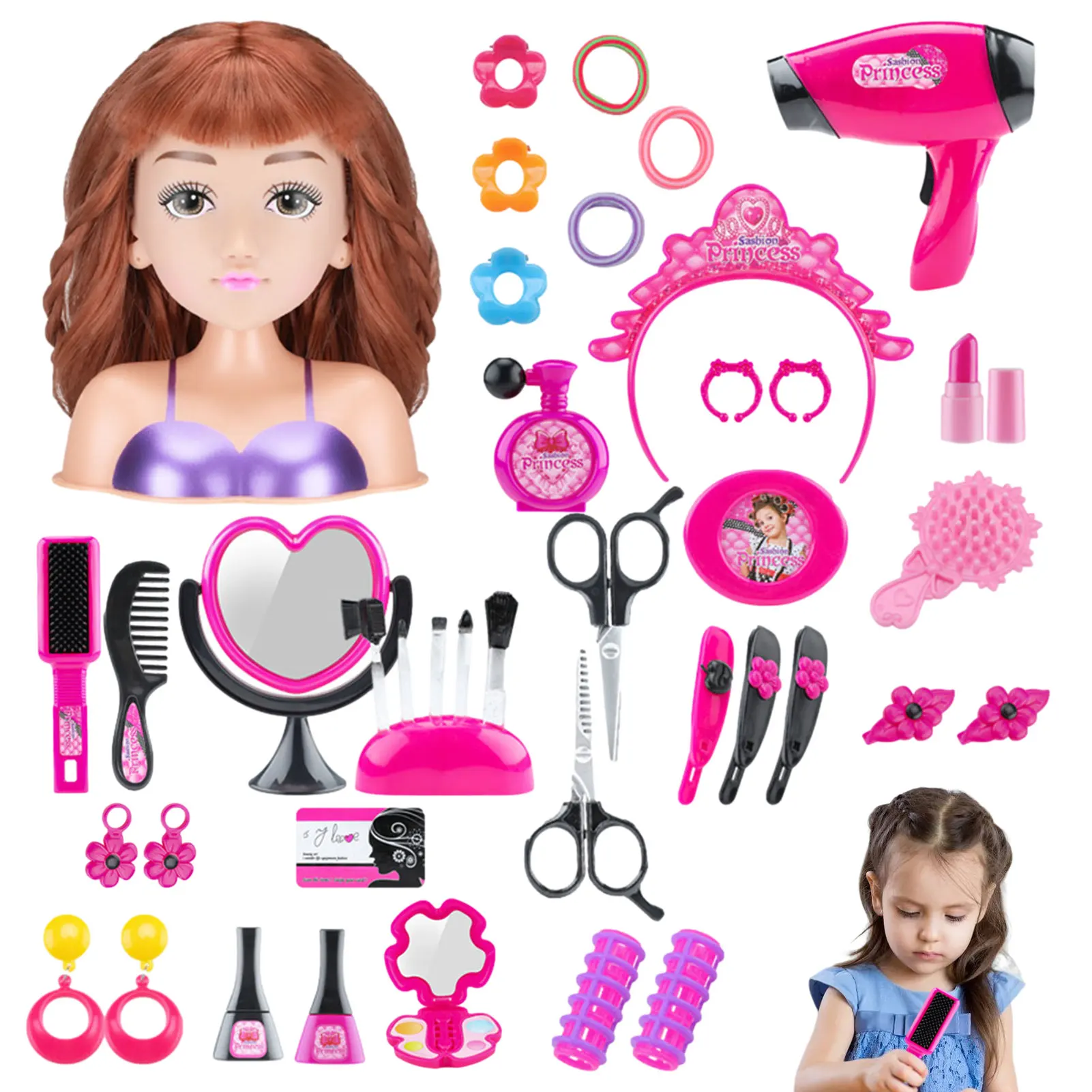 Boneca de estilo  Cabeça de boneca para maquiagem com secador de cabelo, Boneca Beleza Cosmética Coleção de Bonecas Pretend Play Beauty Conjunto de  Cosméticos Praticar Trança de Cabelo para N.r : 