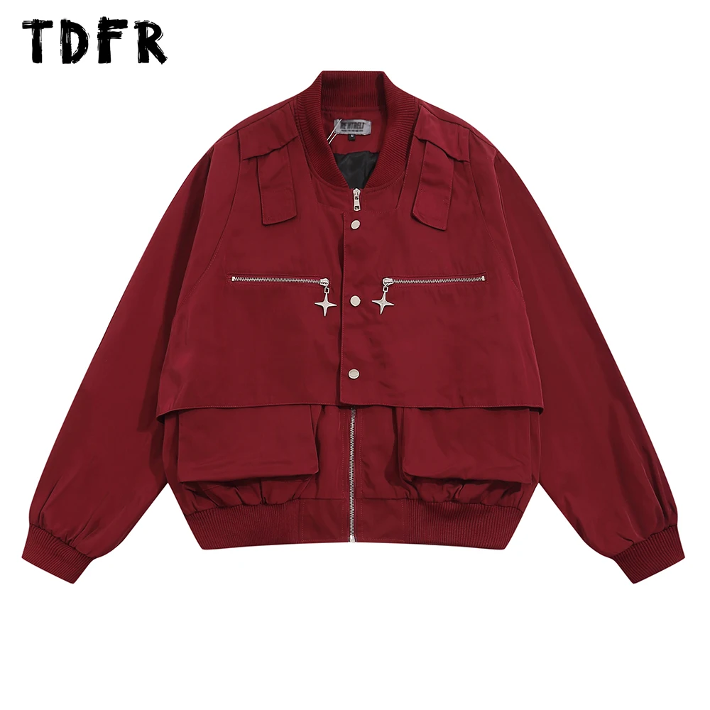 

Spliced Solid Color Ma-1 Bomber jacket Mens Zipper Decoration Spring Autumn Stand collar Loose Long Sleeve Baseball Jacket Men