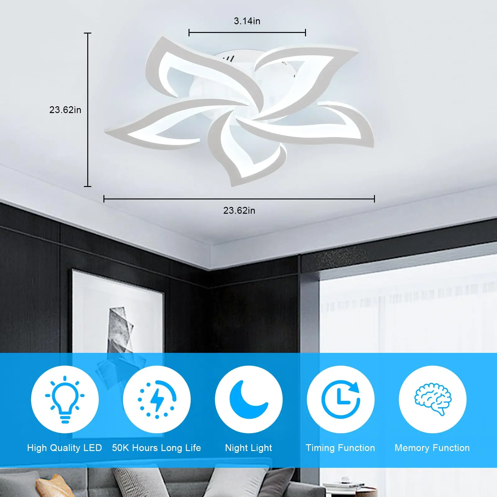Dimmable Ceiling Light,White 5-Petals Flower Design Flush Mount Ceiling Lights Fixture,3000K-6500K LED Acrylic with APP/Remote