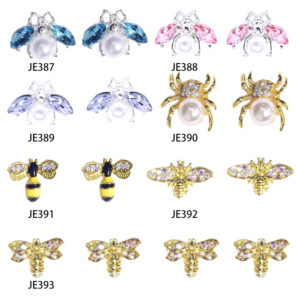 10Pcs/Lot Vintage Rhinestone Nail Charms 3D Enamel Bee Spider Bear Metal Alloy Crystal Jewelry Manicure DIY Nail Art Decorations