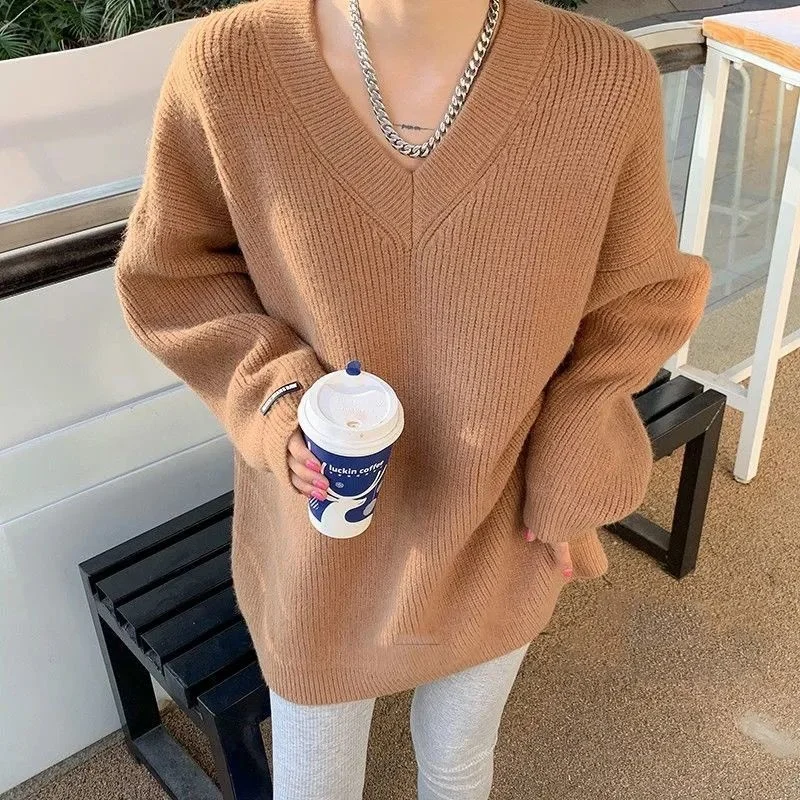 Autumn Winter New Thickened Warm V-Neck Sweater Women's Solid Color Loose Lazy Wind Thin Top  2021 brown sweater Sweaters