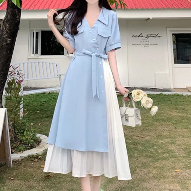 

Fashion Loose Folds Bandage Bow Asymmetrical Midi Dress Women's Clothing 2023 Summer New Oversized Fake Two Pieces Long Dress