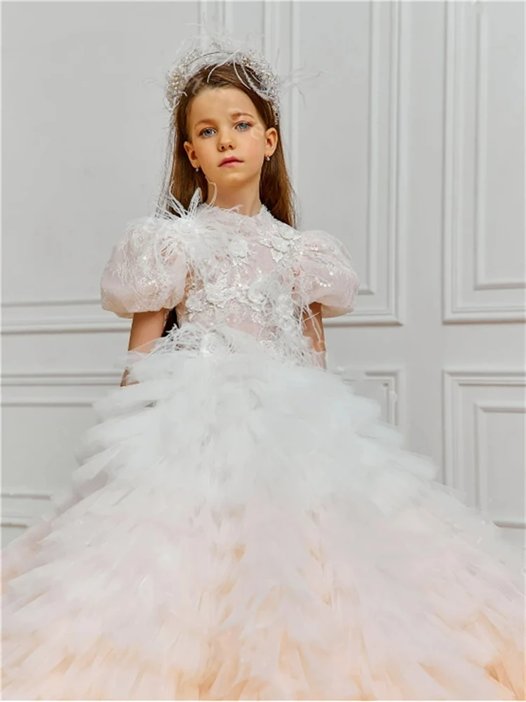 

Gorgeous First Communion Dresses Fluffy Tulle Lace Layered Printing Flower Girl Dress Princess Ball Surprise Birthday Present