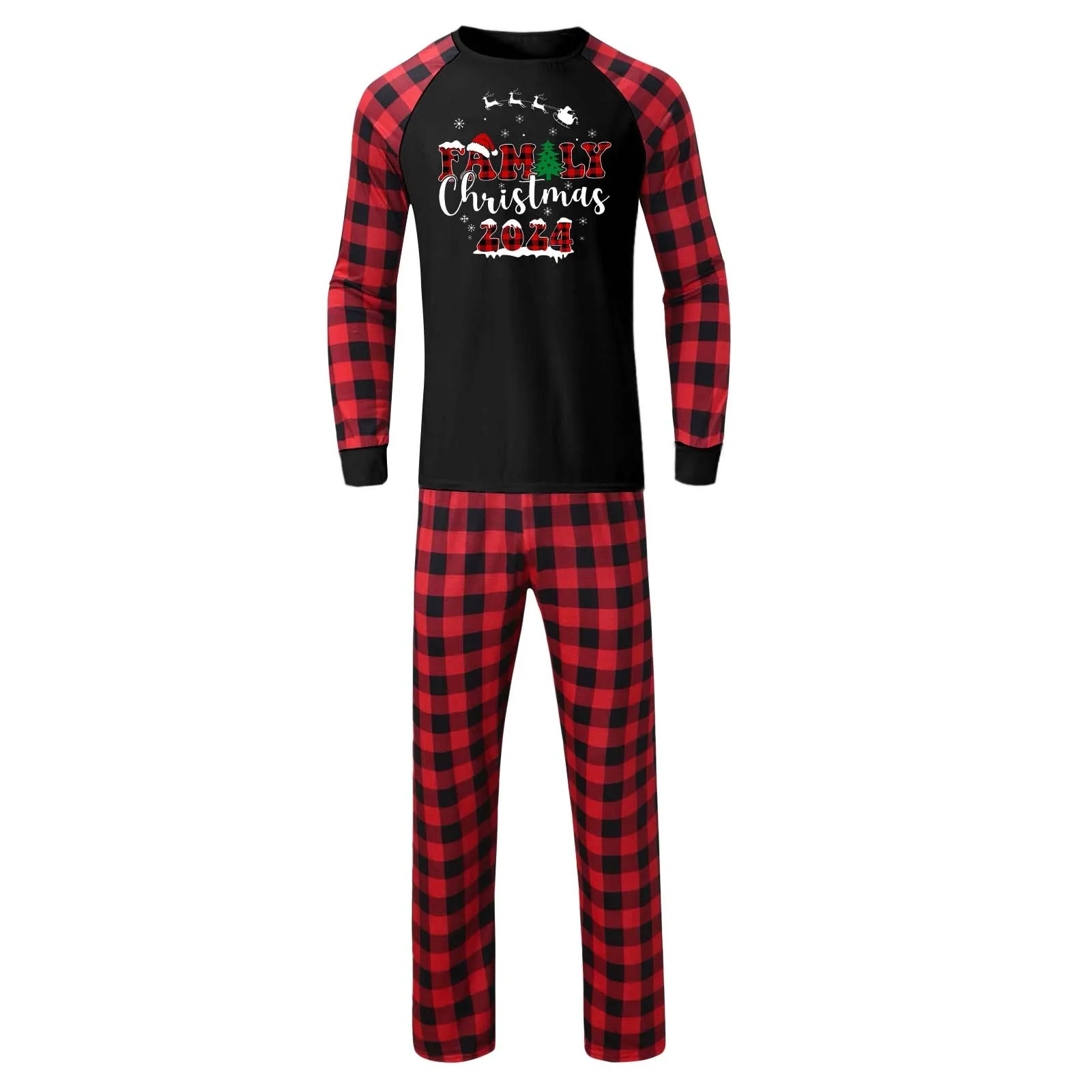 thumbnail image 1 of Conjunto de pijamas navideños de 2 piezas a juego para toda la familia, ropa de dormir con estampado de Papá Noel, conjunto de remera y pantalones nuevos, conjunto para padres e hijos, 1 of 5