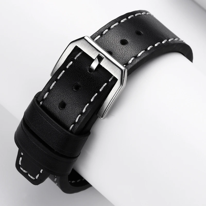 Pilot Strap 20mm Leather Strap Watch Accessories High Quality Soft Materials Smooth Black Strap Wrist Strap Silver Pin Buckle