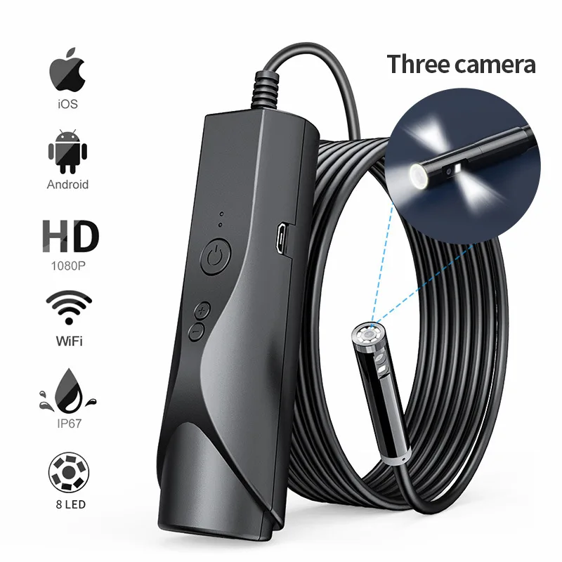 8MM Triple-Lens  2MP 1080P 3x Zoom WIFI Endoscope Camera Inspection CMOS Borescope Digital Microscope For PCB Repairing Check 2mp 1080p usb av microscope camera for pcb mobile phone repairing cmos borescope inspection handheld endoscope