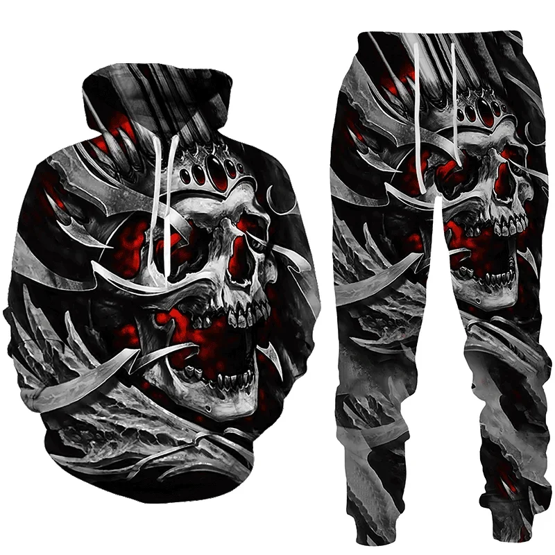 Punk 3D Skull Print Hoodie + Pants Men Ladies Cool Suit Fashion Spring Autumn Casual Pullover Sweatshirt Harajuku Street Style y2k pocket patchwork jeans ladies spring fall loose street fashion 100% cotton denim slacks cargo pants harajuku jeans