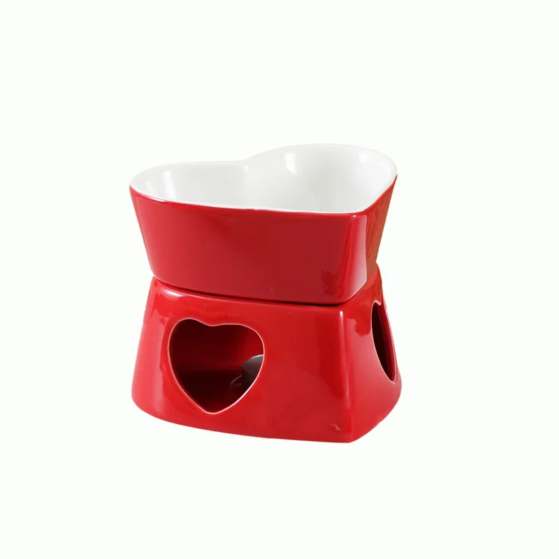Red Heart shape fine porcelain chocolate fondue set, red romantic cheese melting fondue