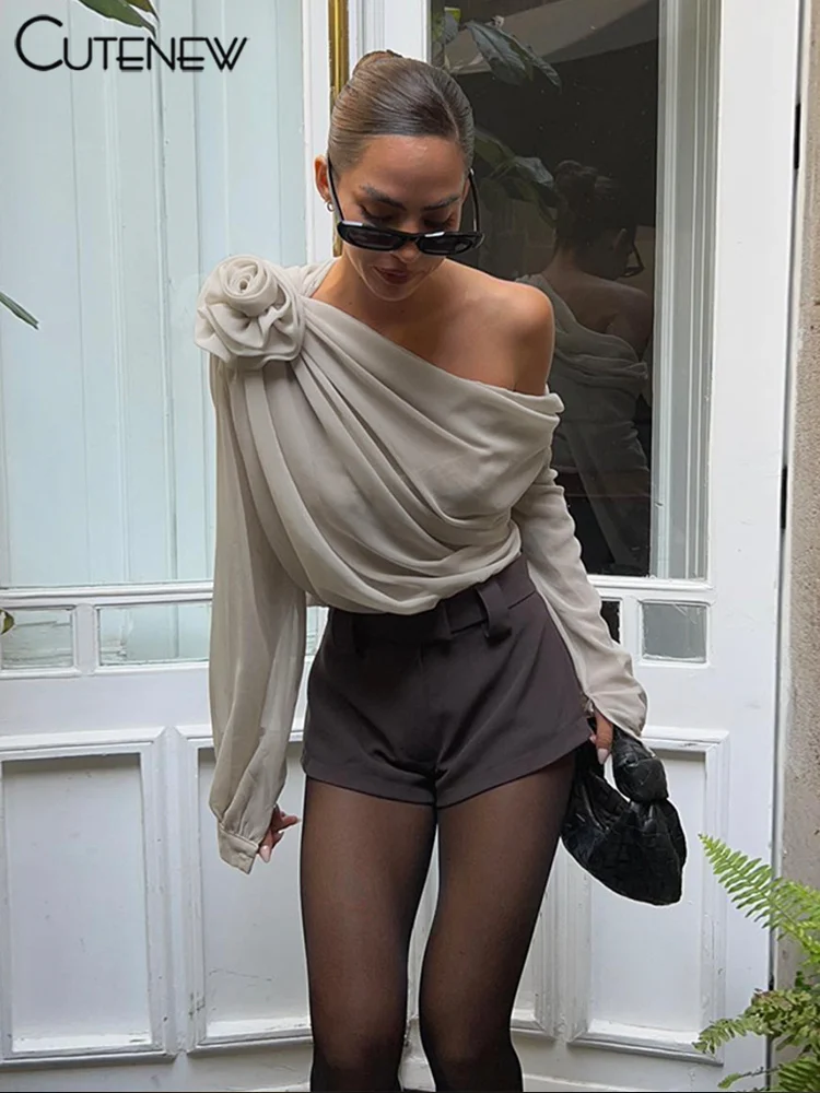 Women's Top Patchwork Long-Sleeved Mesh Shirt Casual Pleated Diagonal Collar Flower Decor Clothing Sexy Femme Streetwear