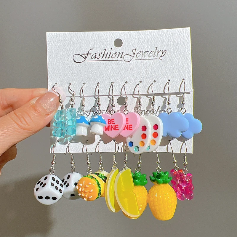 Cute Cartoon Animal Fruit Earring Set For Women Girl Simulated Resin Acrylic Food Drink Icecream DIY Dangle Earring Jewelry