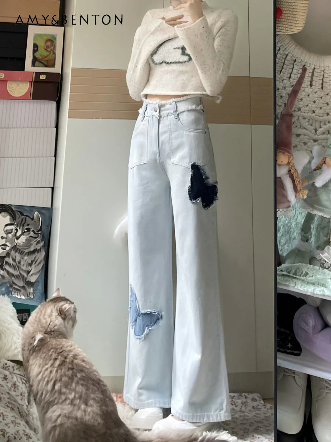 

Light Color Butterfly Embroidered Frayed Hem Jeans Women's Summer 2023 New Loose High Waist Straight Flared Denim Pants