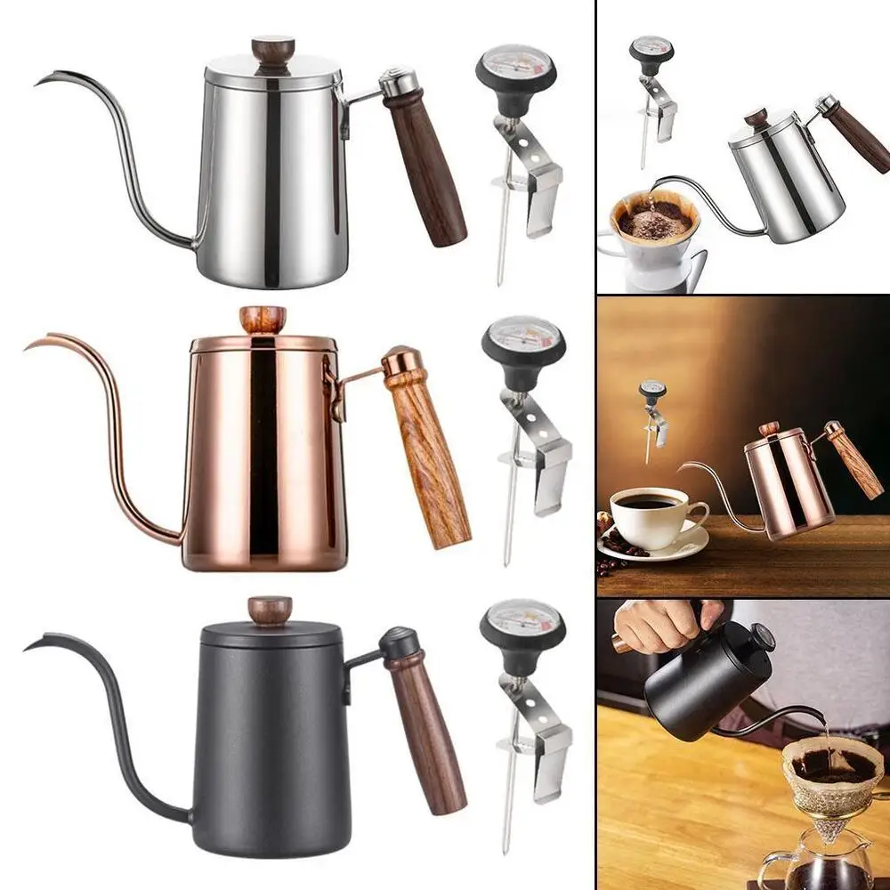 600ML Stainless Steel Drip Coffee Pot Gooseneck Spout Pour Retro Tea Pot with Wooden Handle Cups For Home Cafe Bar Restaurant