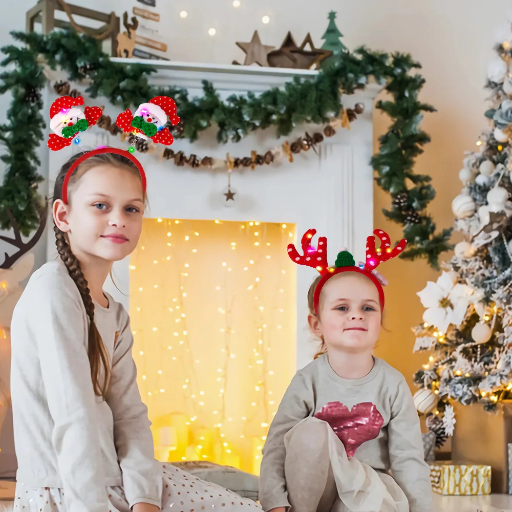 1pcs Christmas Themed Headband Bow Elk Snowman Hat Christmas Tree Headband With Light Navidad Decorations Supplies