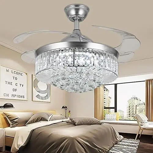 

Ceiling Fan Chandelier with Light,Modern Crystal Ceiling Fan Light Remote Control 4 Retractable ABS Blades for Living Room Bedro