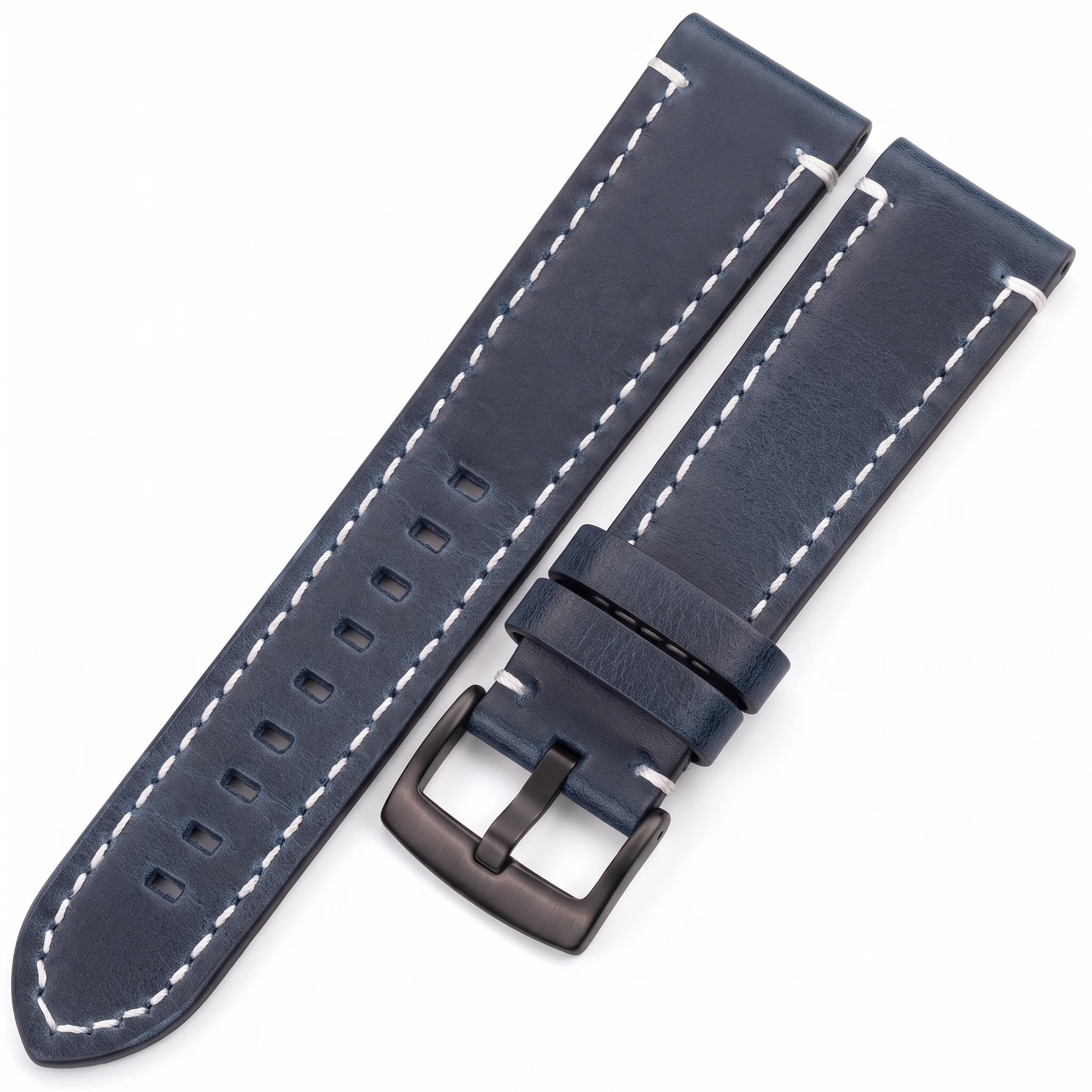 Vintage Dark Brown Leather Watch Band with White Stitching and Quick Release