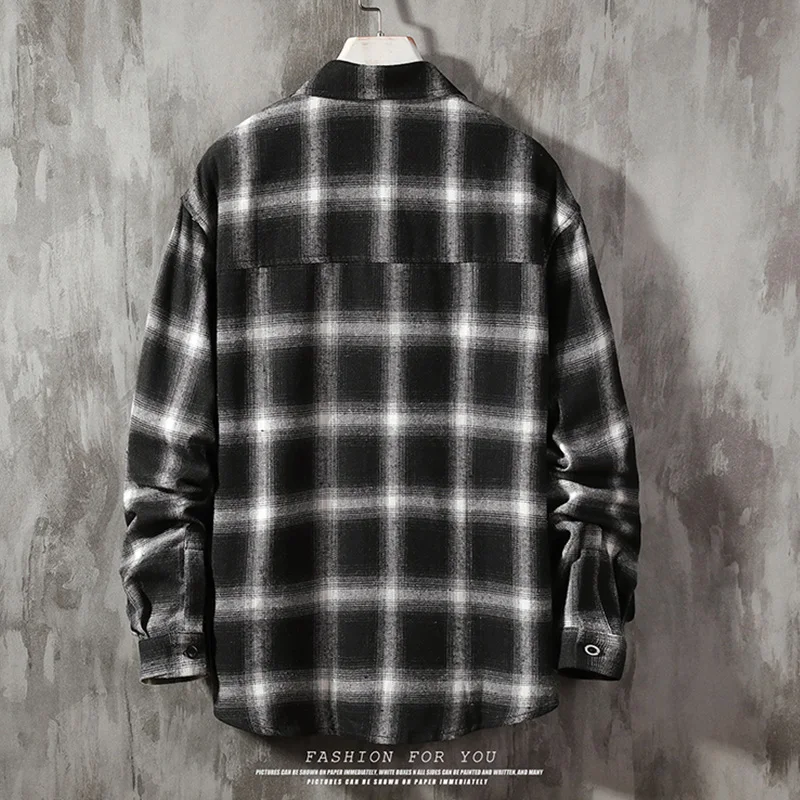 Men Casual Long Sleeve Plaid Shirt Harajuku Checkered Shirt M-5XL