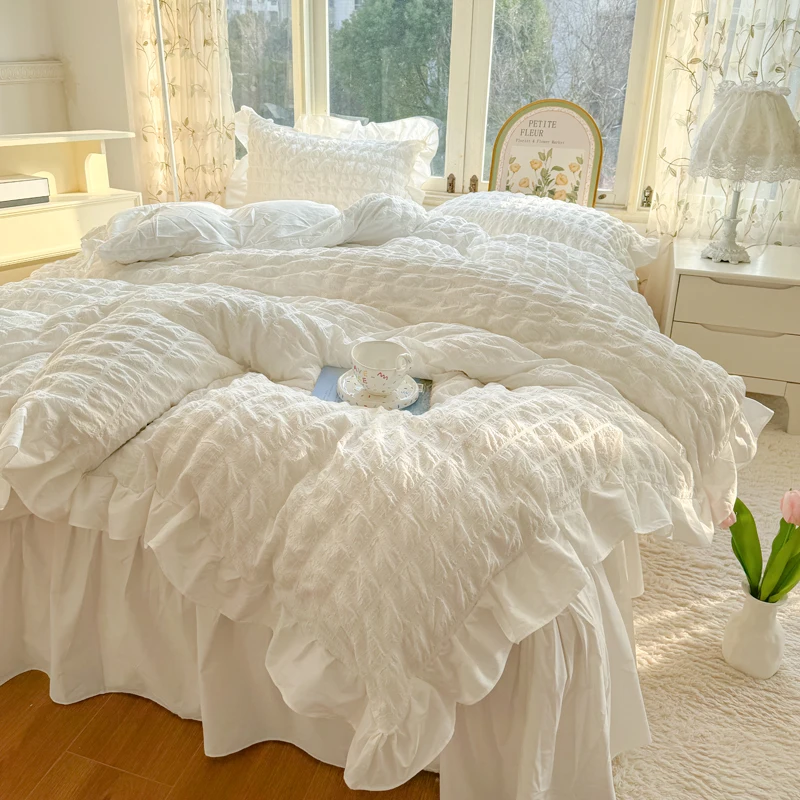 Korean Princess Style Lace Ruffles Bedding Set Skin-friendly Soft Seersucker Duvet Cover Set Bed Sheet Or Bed Skirt Pillowcases 3