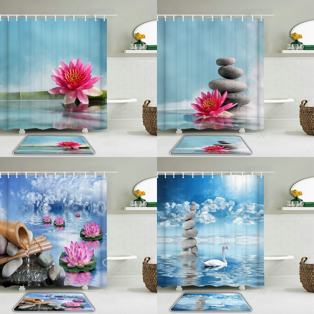 

2pc/Set Bathroom Shower Curtain And Rug Waterproof Fabric Plant Bamboo Flower Shower Curtain Screen For Bath Decoration 180x200