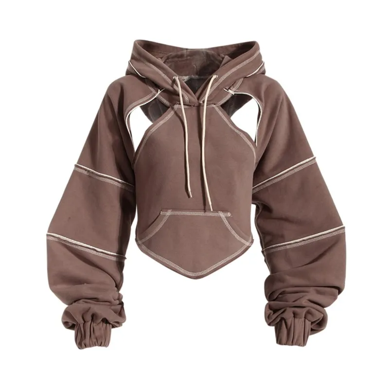 

Women Draw String Hooded Sweatshirt Splicing Hollow Contrasting Bright Lines Hip-hop Style Pullovers Garment Horn Sleeve Clothes