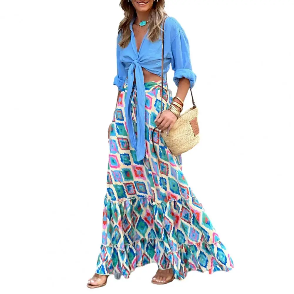 

Ladies Skirt Bohemian Maxi Skirts Colorful Rhombus Print High Waist Big Hem with Ruffle Drawstring for Beach Summer Fashion High