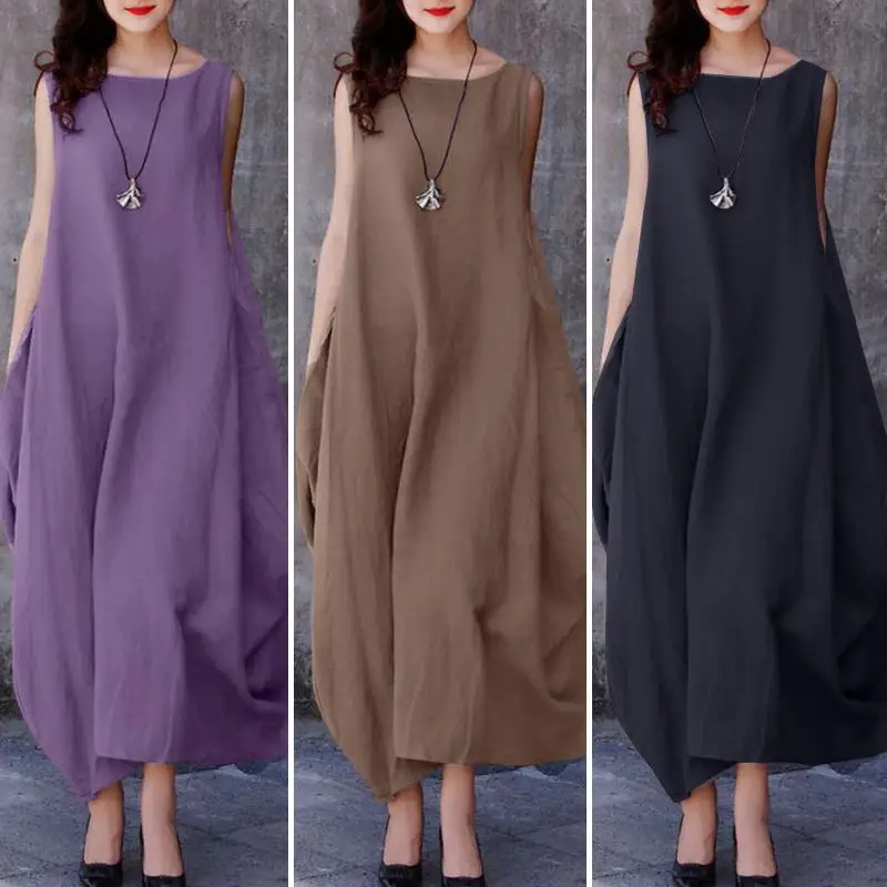 

Womens Dresses Elegant and Pretty Solid Round Neck Sleeveless Casual Pockets Vestido Party Dress Streetwear Aesthetics 2024