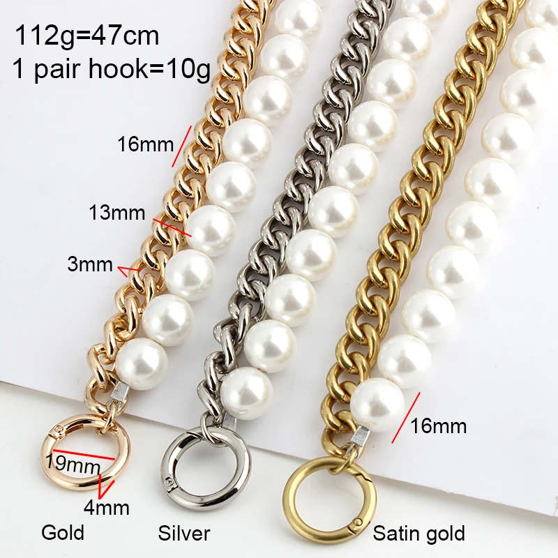 Hot Sale 47cm 16mm Wide Decorative Pearl Chain Light Weight Aluminum Women Fashion  Purse Frame Chain Purse  Bag Handles