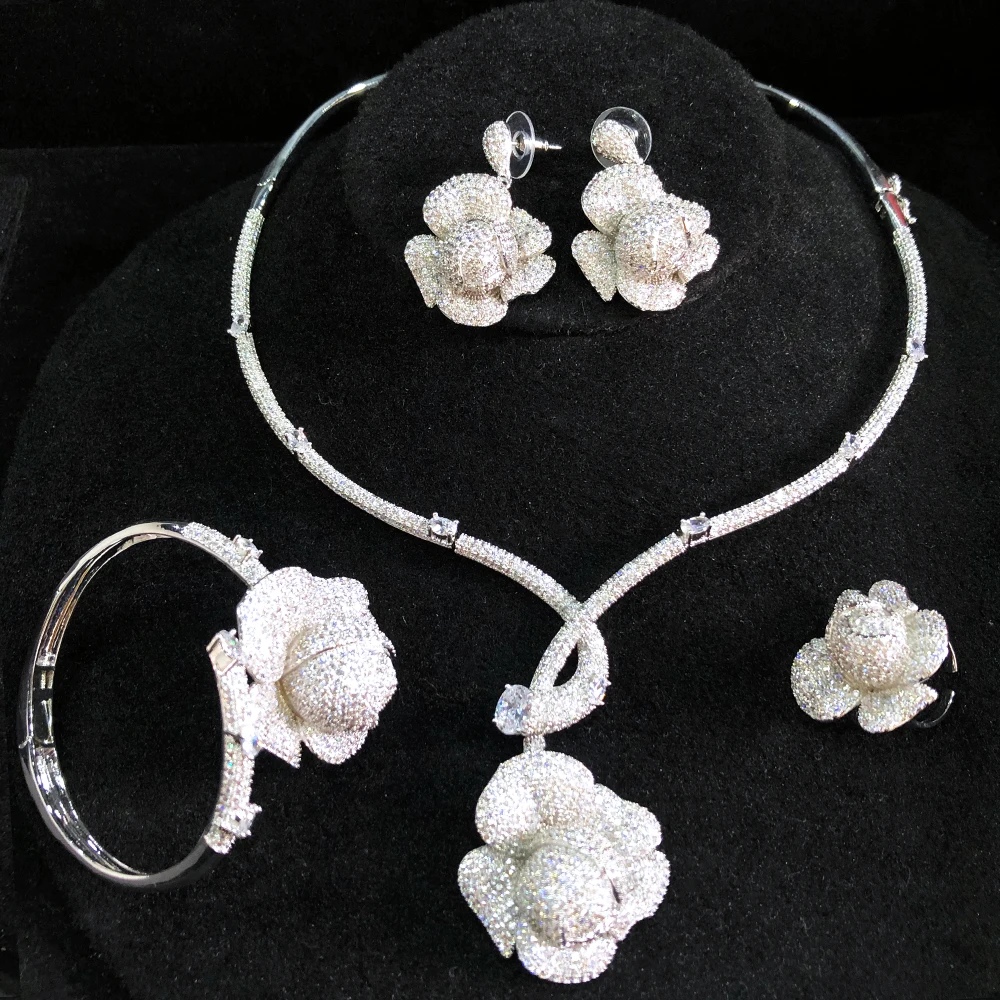 

Missvikki Luxury Rose Flower Jewelry Sets Necklace Earrings Bangle Ring 4PCS For Women Bride Wedding Jewelry Trendy HOT New