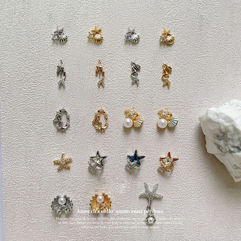 

5Pcs Japanese Manicure Marine Zircon Mermaid Shell Pearl Real Gold Texture High Shiny Color Nail Art Metal Decoration