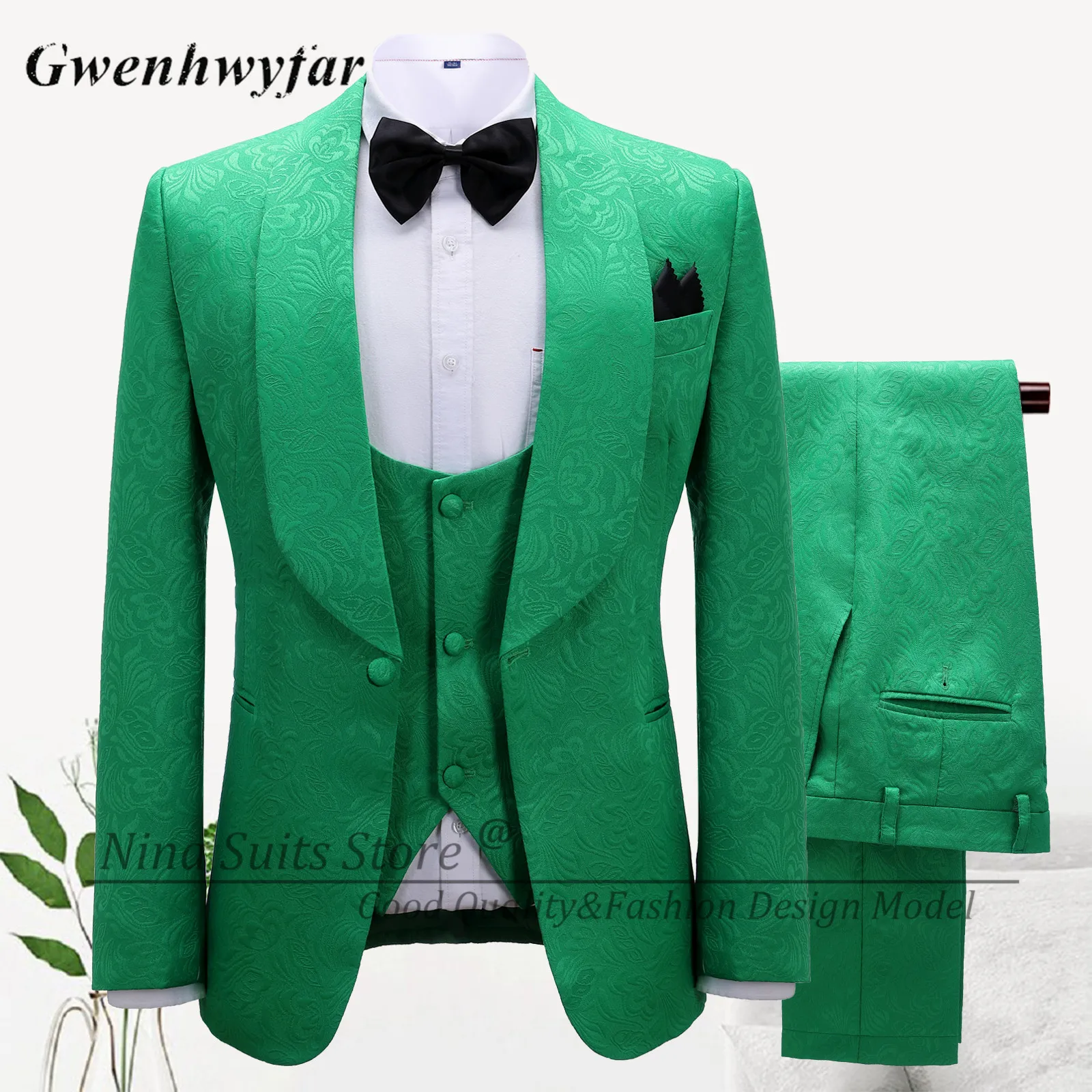 G&N 3 Pieces Lavander Jacqaurd Men's Suit Shaw Lapel Slim Fit Tuxedos Groom Tailor Made Terno Masculino (Blazer+Pants+Vest)