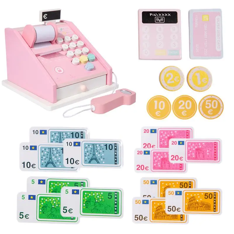 

Wooden Cash Register Pretend Play Money Counting Toys For Kids Colorful Strong Cashier Toy With Scanner And Credit Card For