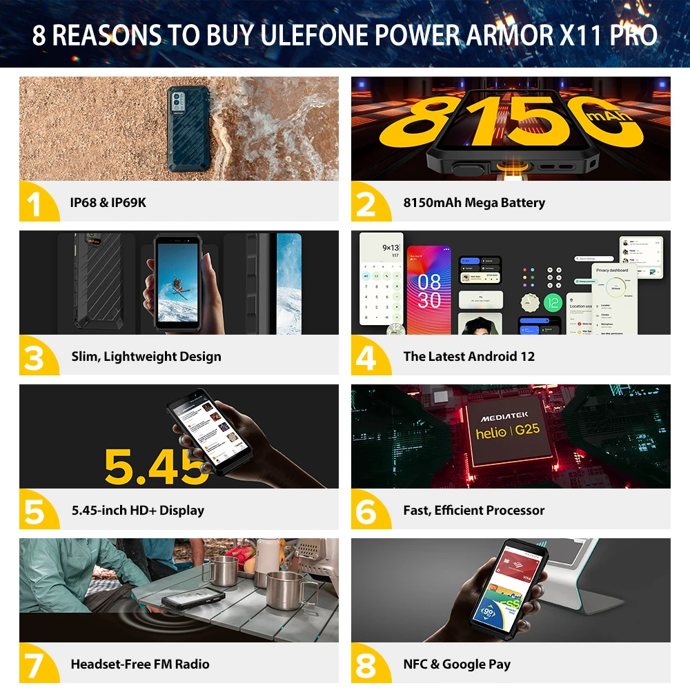 Ulefone Power Armor X11 Pro IP68 Rugged Phone 4G RAM 64G ROM Helio G25 Smartphone Android 12 16MP Camera Mobile Phone 8150 MAh