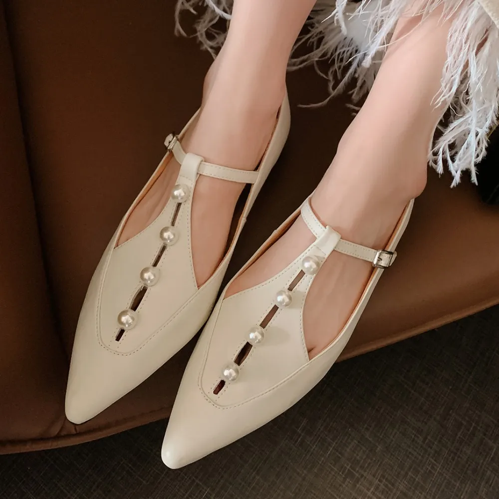 

2024 spring new women's genuine leather hollow-out t-strap flats daily shoes pointed toe beading decoration casual single shoes