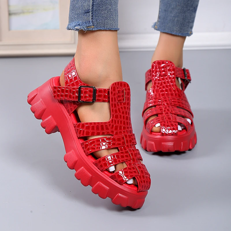 Women Gladiator Narrow Band Cross-tied Platform Square Heel Peep Toe Rome Design Sandals Women Sandals
