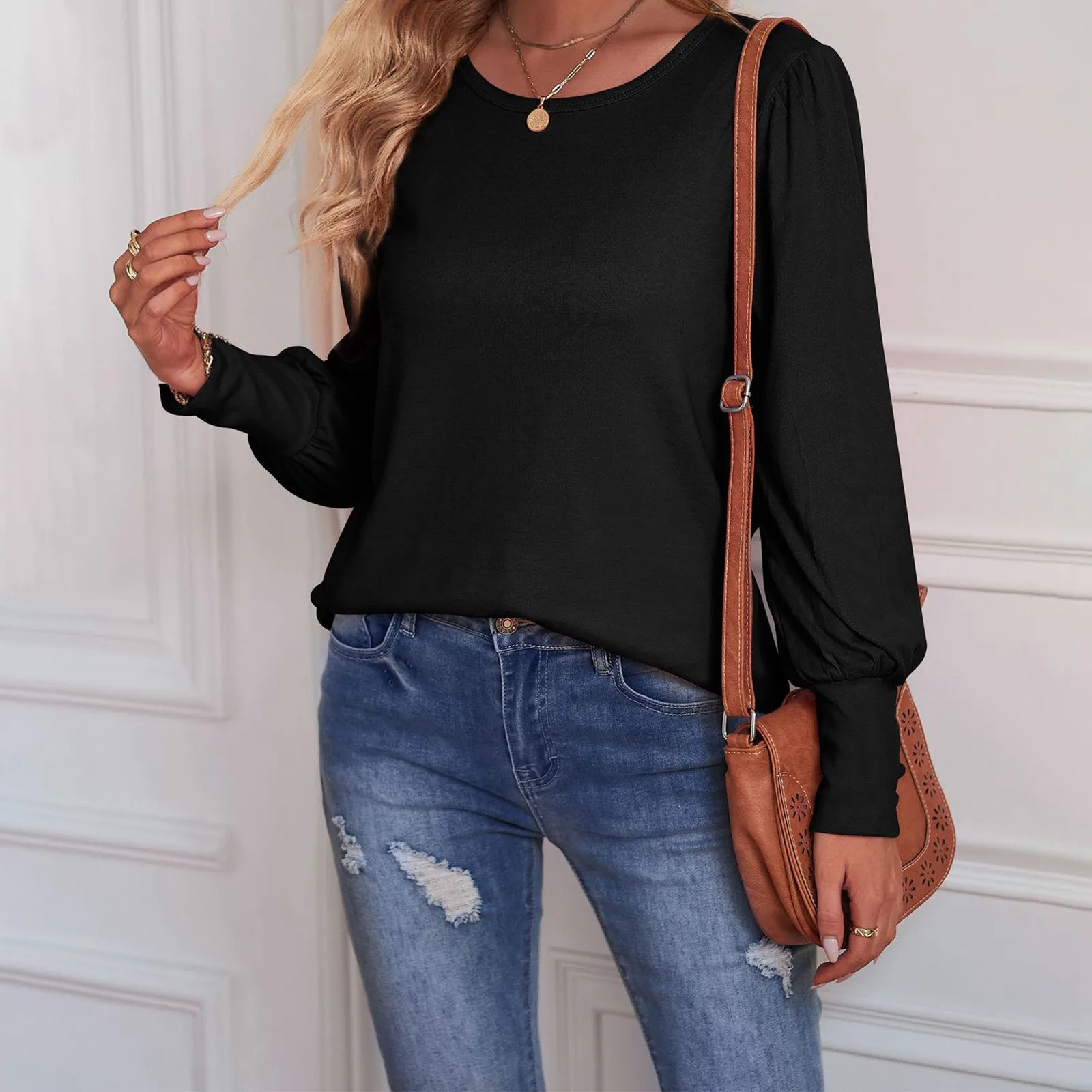 

Women's Solid Color Long Sleeved Shirts Bubble Sleeve Round Neck Casual Shirt Blouses Simplicity Temperament Ladies Tops