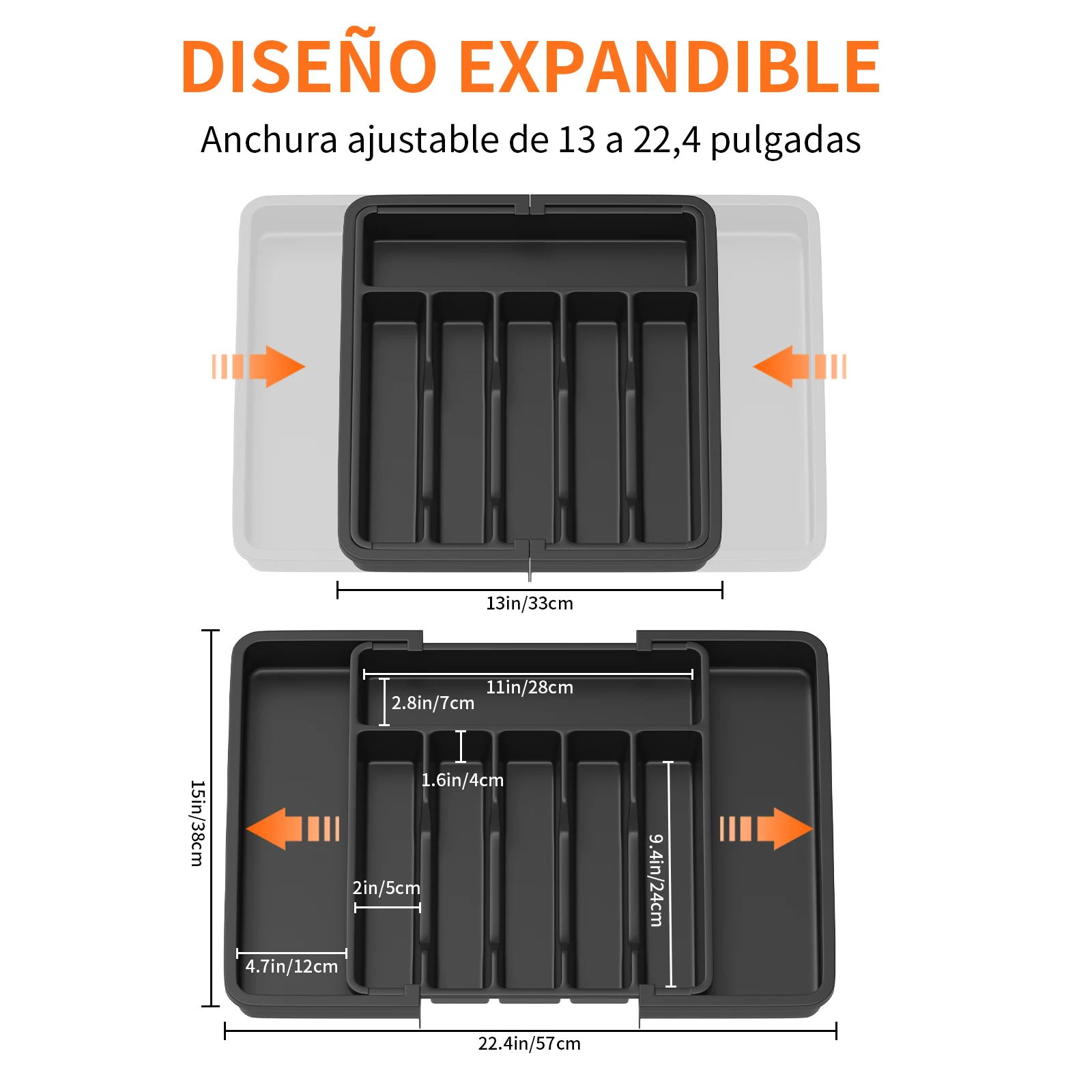 Organizador de cuchilleras para cajón de cocina, bandeja ajustable de 33-57 cm, 8 compartimentos, bandeja extensible para utensilios y soporte para cubiertos