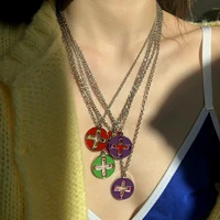 New Trendy Brand Cross Round Brand Dripping Oil Pendant Necklace Hip Hop Niche Design Personality Net Red Same Necklace 1