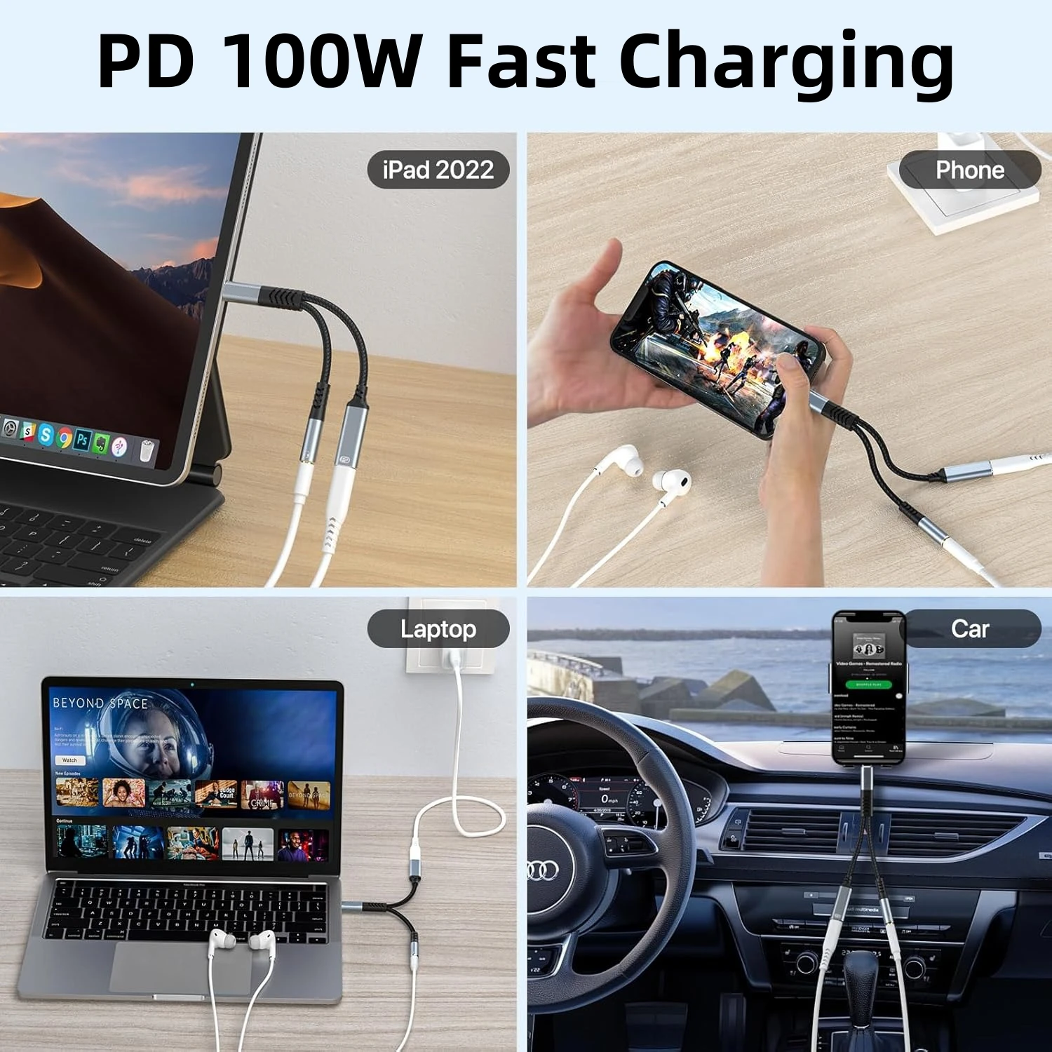 JSAUX Adattatore da USB C a 3,5 mm per cuffie e caricabatterie, 2 in 1 da USB tipo C a jack audio Aux con dongle di ricarica rapida PD 60 W per