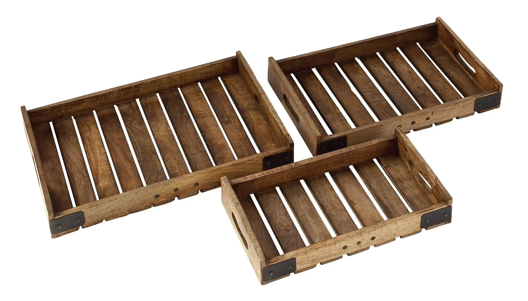 

DecMode 14", 16", 18"W Brown Mango Wood Tray with Slot Handles, 3-Pieces