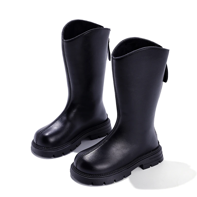 Winter Children's Long Boots Fashion Classic Black Brown Girls Platform Mid-calf Boots Simple Plush Kids Outdoor Cotton Boots