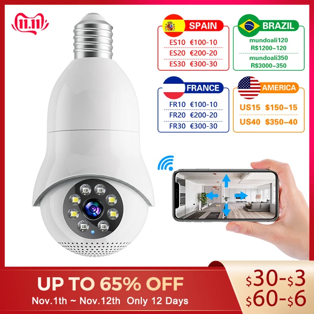 Light Bulb Camera PTZ WiFi 360 Degree Panoramic IP Camera, Surveillance  CCTV Cameras with Night Vision Human Motion Detection and Alarm (with 32 GB