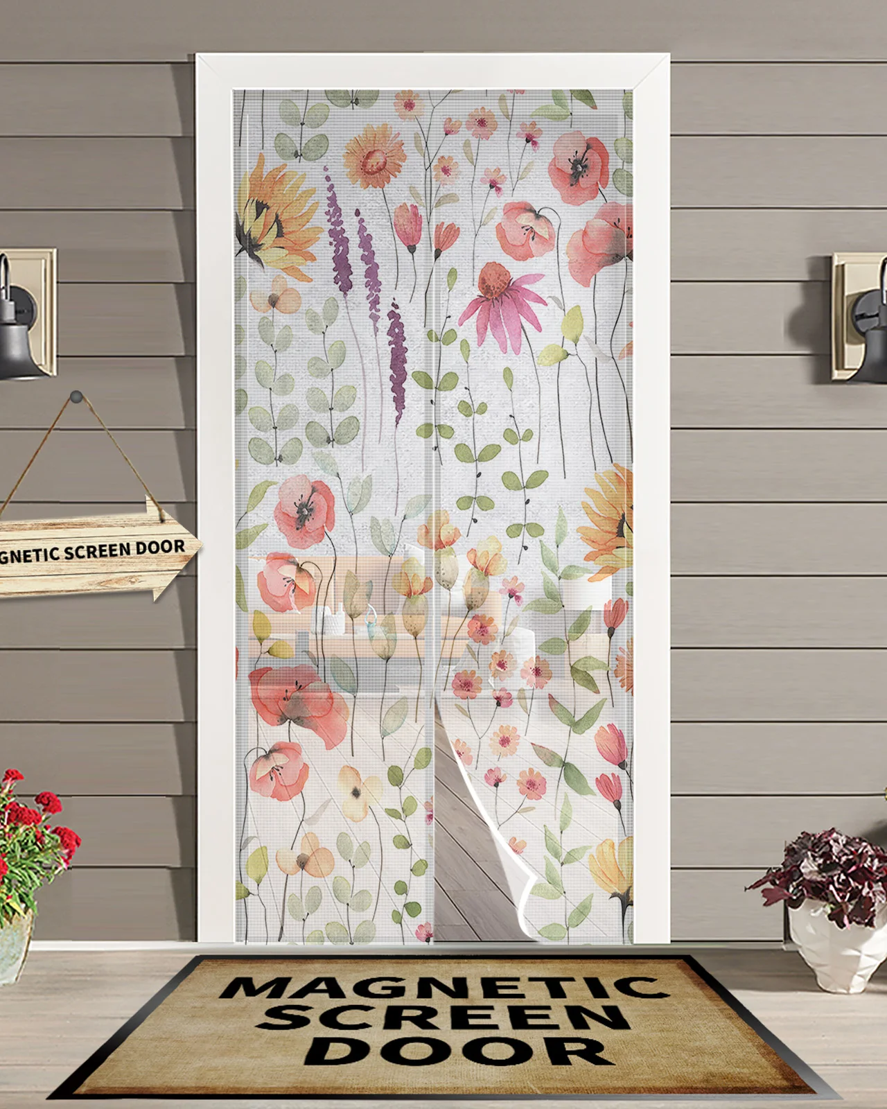 

Watercolor Floral Rustic Vintage Magnetic Door Curtain Living Room Bedroom Home Anti-mosquito Screen Door Curtain