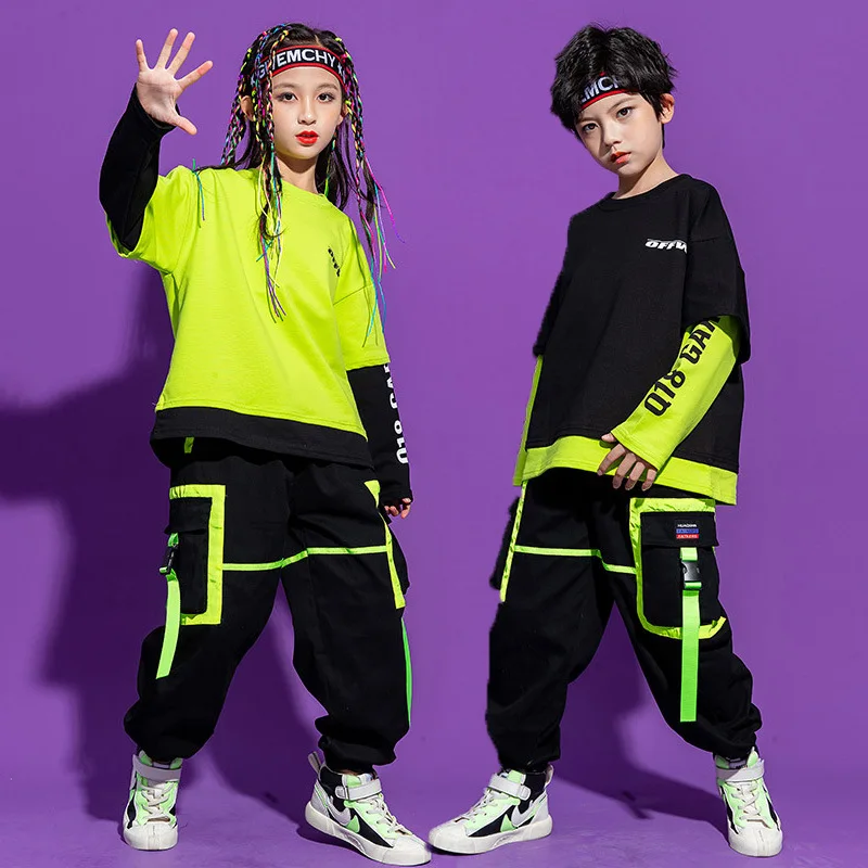 

Boys Hip Hop Streetwear Girls Crop Top Cuff Cargo Pant Outfit Child Patchwork Sweatshirt Joggers Street Dance Kids Jazz Costumes