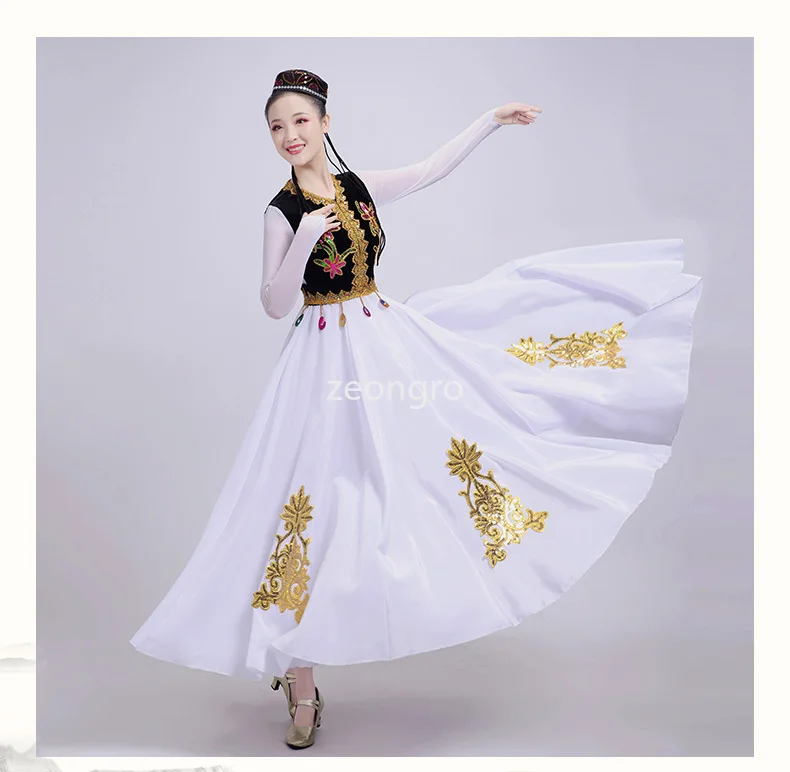 Elegante fantasia de dança Xinjiang para fêmea, vestido Uyur para performance de palco, dança folclórica asiática, adulto oblíquo, vestido chinês