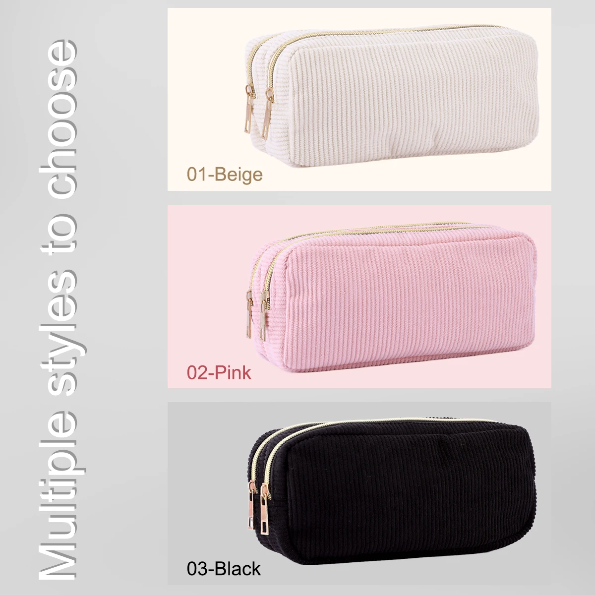 Aesthetic Solid Color Corduroy Pencil Case - Double Zipper Large Capacity Stationery Organizer